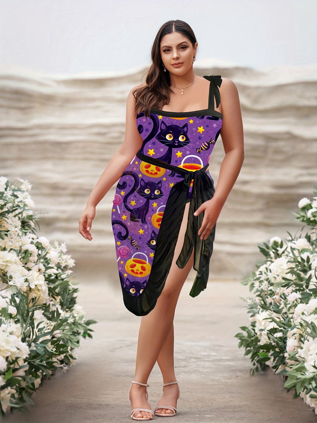 Cat & Pumpkin Print One Piece Swimsuit & Wrap Cover Up Set