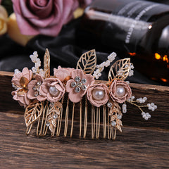 Hanfu Hair Comb Faux Pearl Flower Leaf Metal Hairpin Vintage Chinese Style