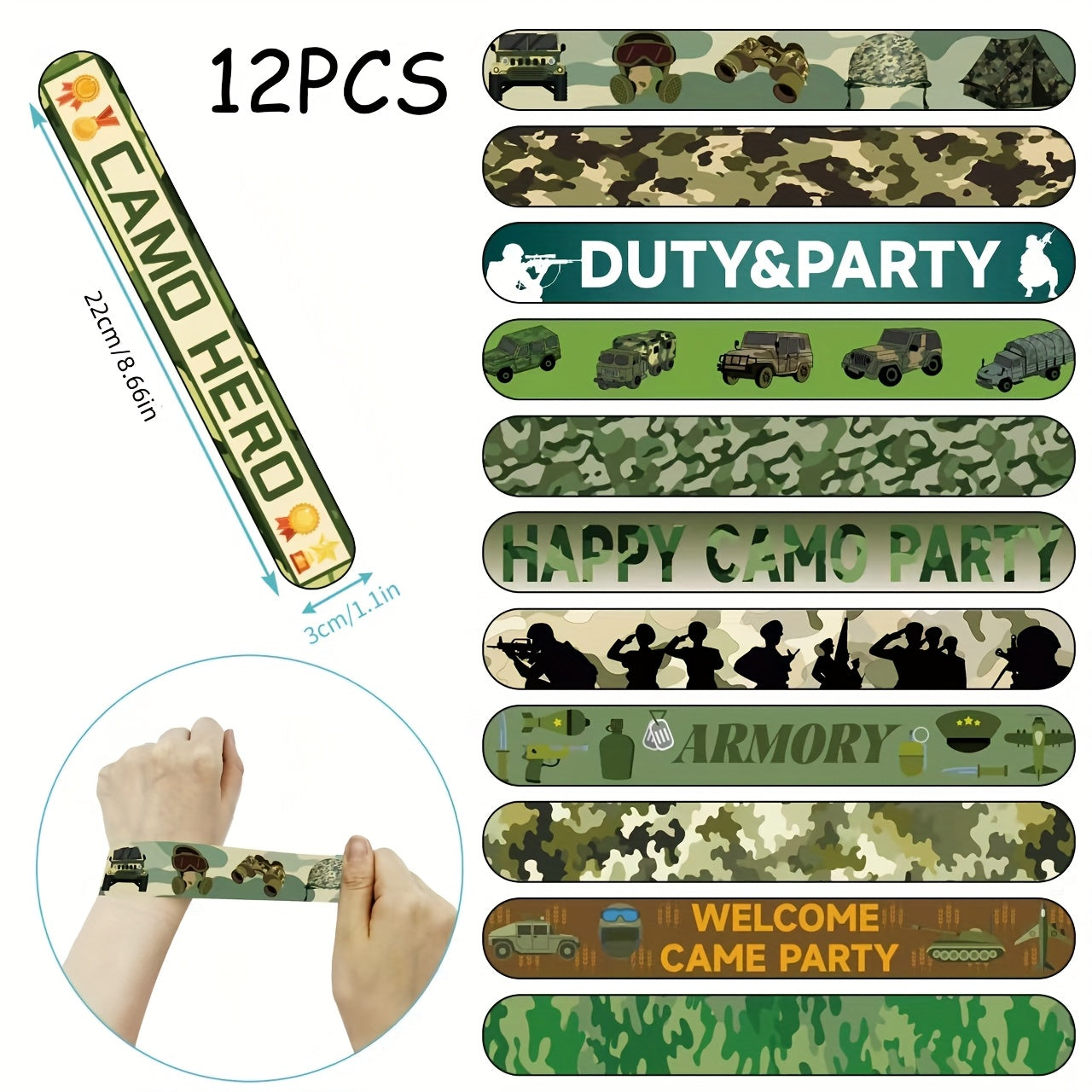 12pcs Army Memorial Slap Bracelets for Kids Boys & Girls
