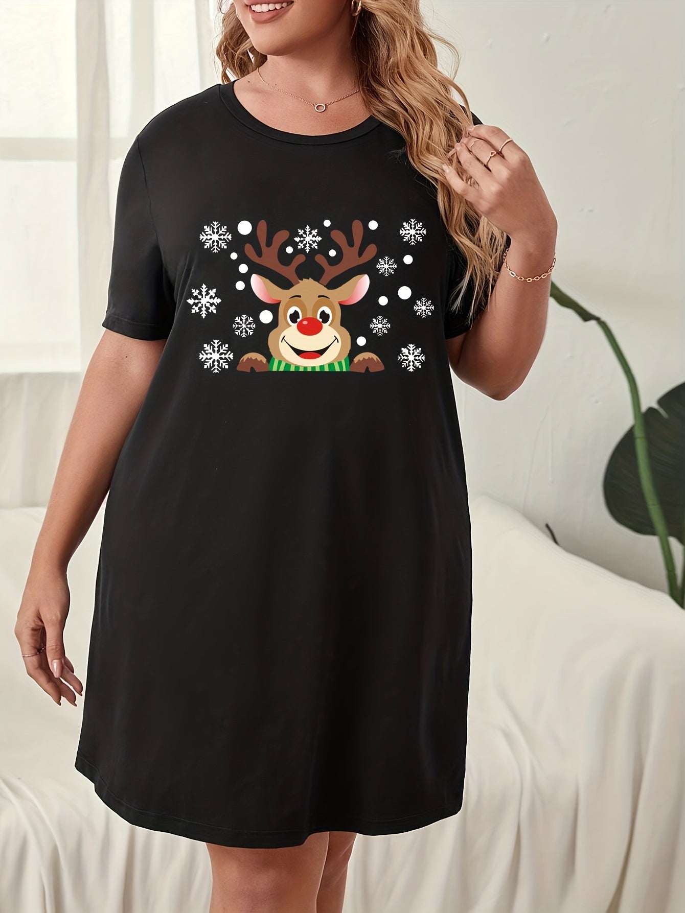 Christmas Lounge Dress Women's Snowflake Deer Print Nightdress