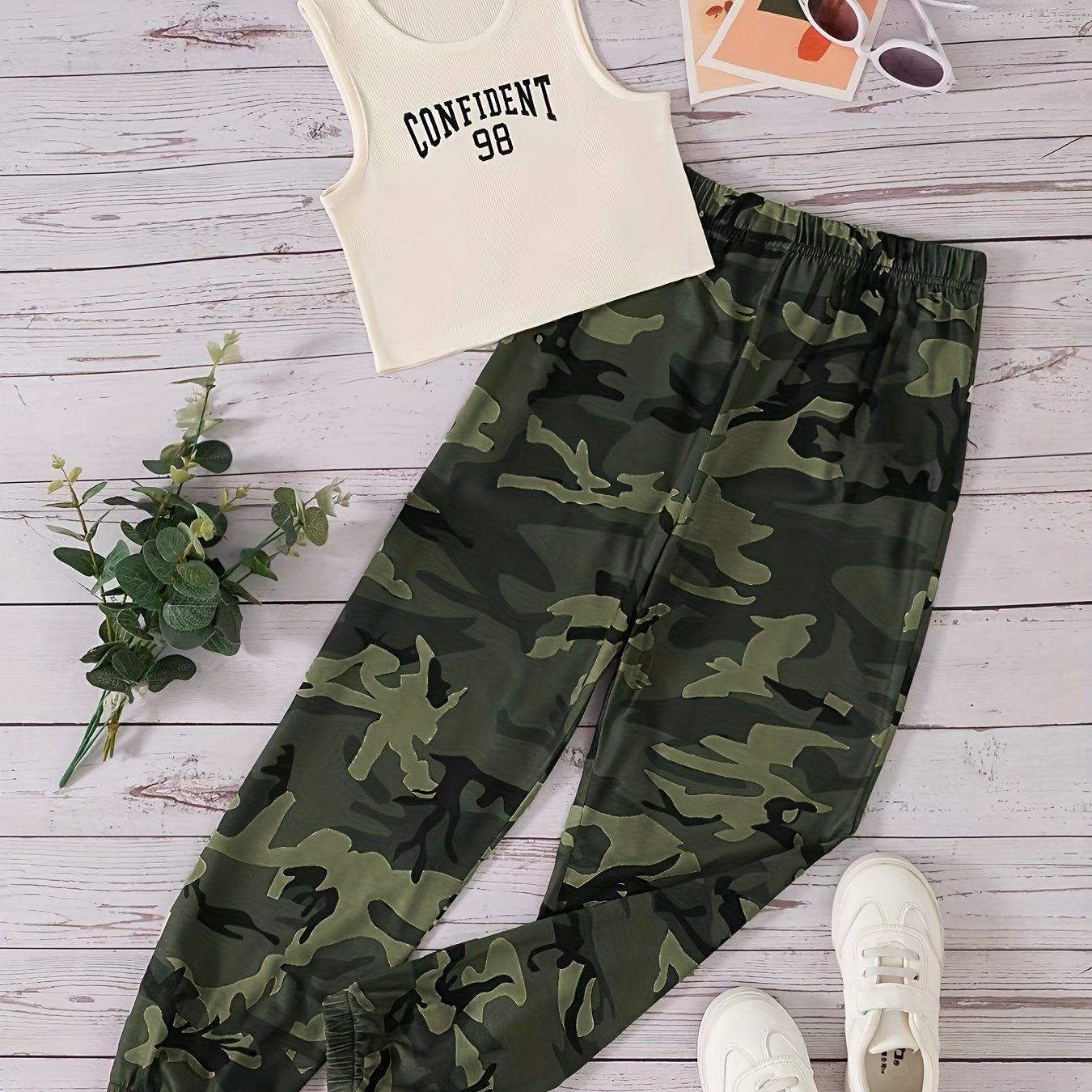 2pcs Girls CONFIDENT Graphic Tank Tops & Camo Pants Set Summer Clothes