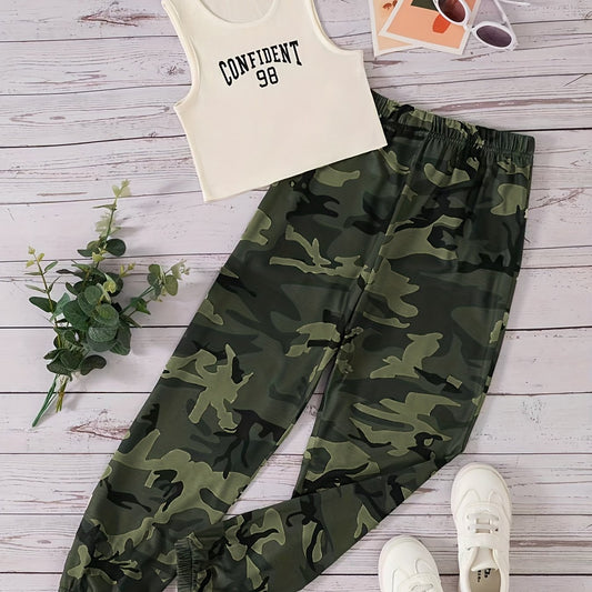 2pcs Girls CONFIDENT Graphic Tank Tops & Camo Pants Set Summer Clothes