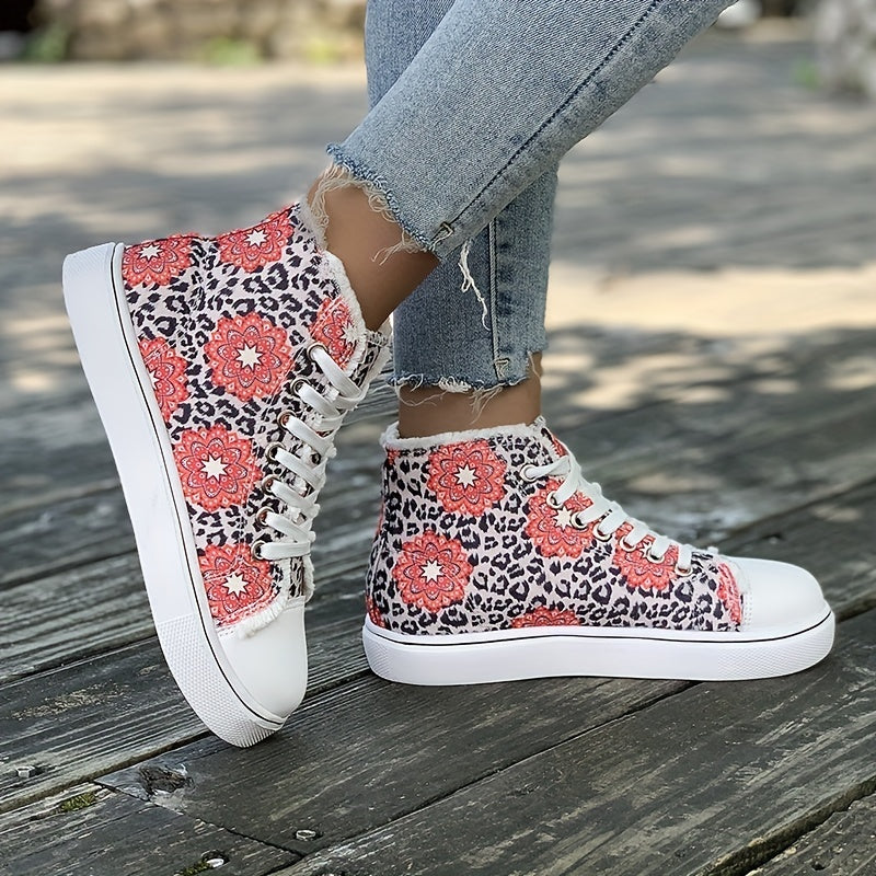 Floral & Leopard Print High Top Canvas Sneakers Lace Up Skate Shoes