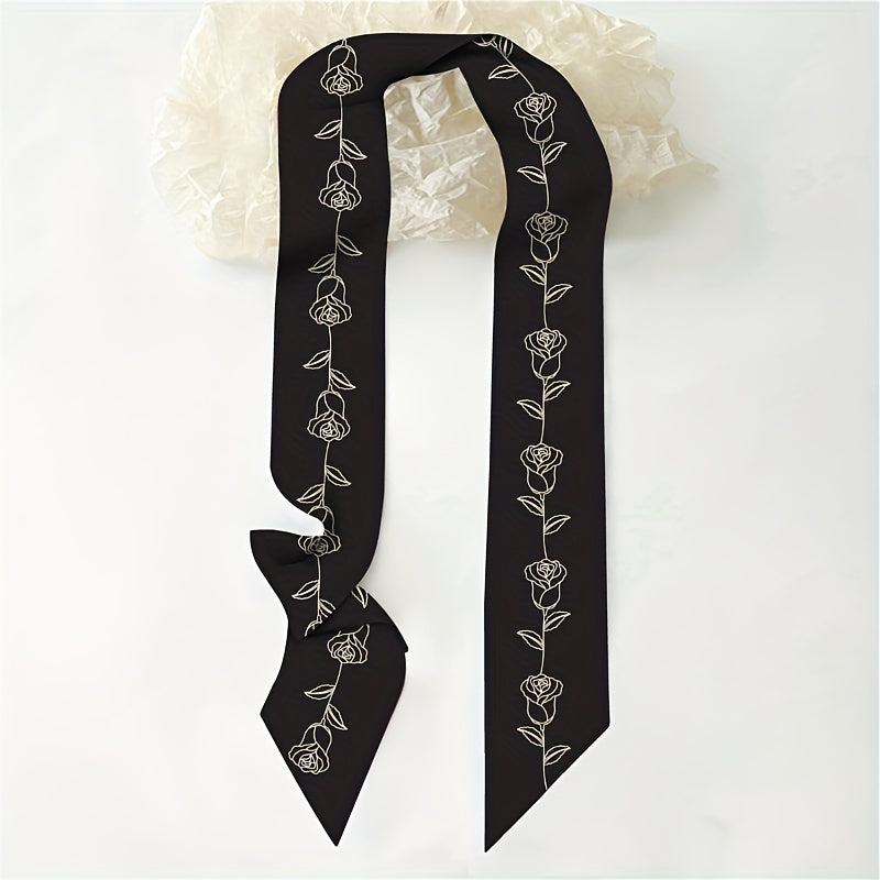 Rose Print Skinny Scarf Neckerchief Solid Neck Tie Long Hair Ribbon