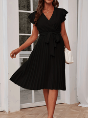 Surplice Neck Pleated Dress Solid Ruffle Trim Party Dress
