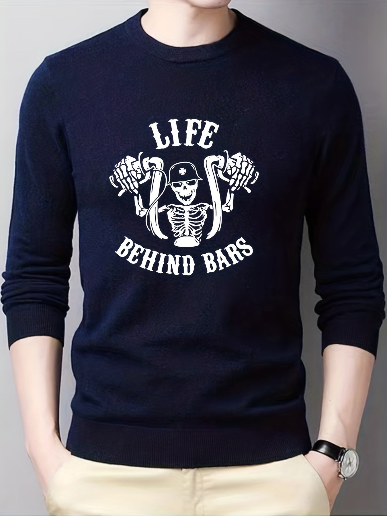 Skeleton Bike Print Knitted Sweater Men's Casual Warm Crew Neck Pullover