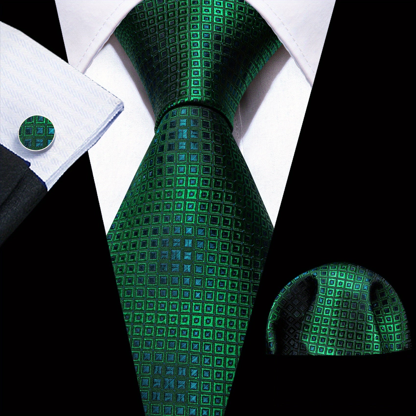 Barry Wang Men's Necktie Cufflinks Square Scarf Set Silk Plaid Pattern