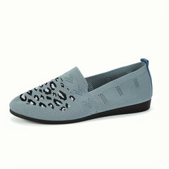 Leopard Print Flat Shoes Breathable Knit Slip On Lightweight Round Toe Shoes