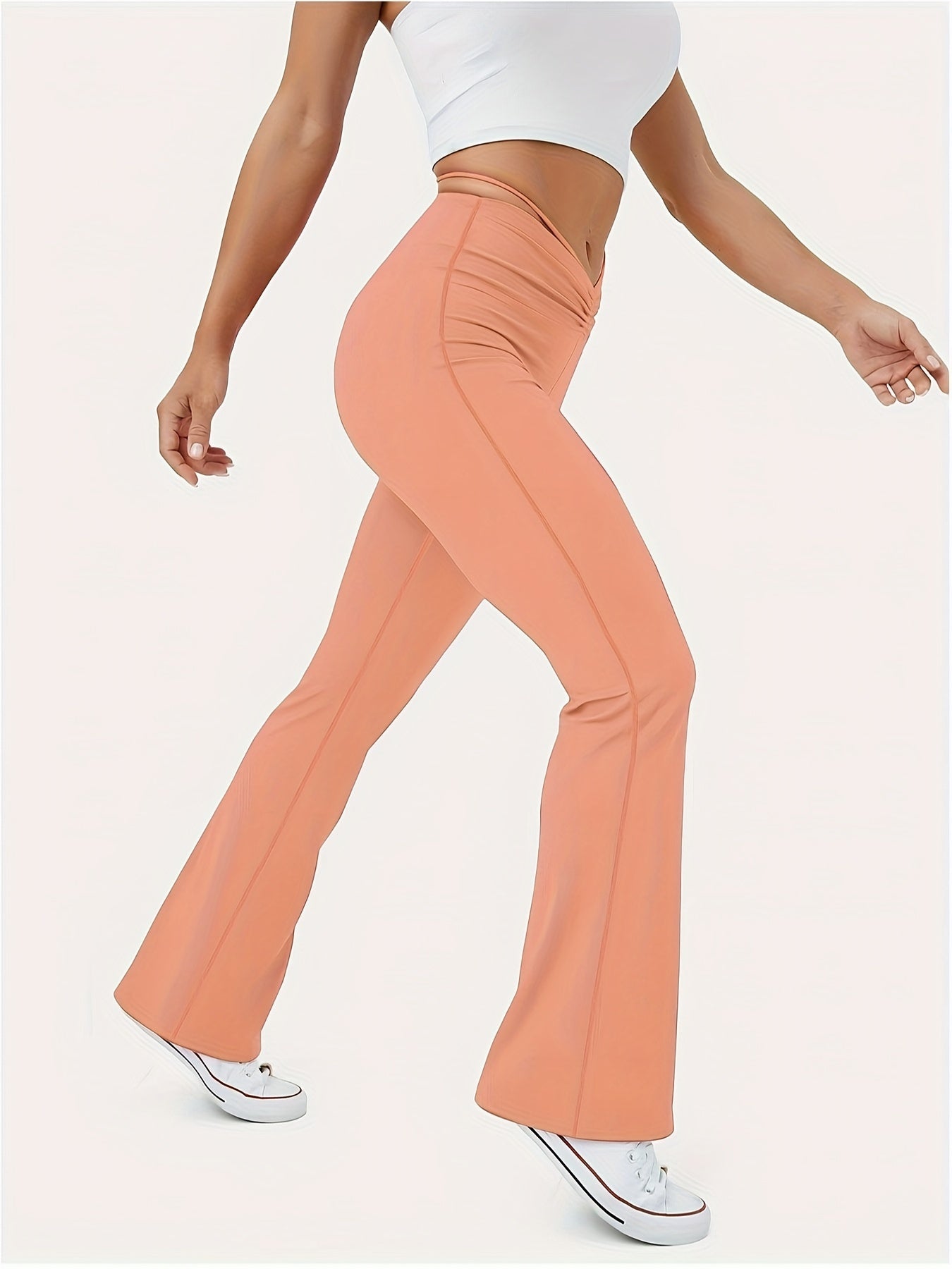 Solid Ruched Front Tie Back High Rise Flared Leg Yoga Leggings