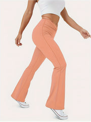 Solid Ruched Front Tie Back High Rise Flared Leg Yoga Leggings