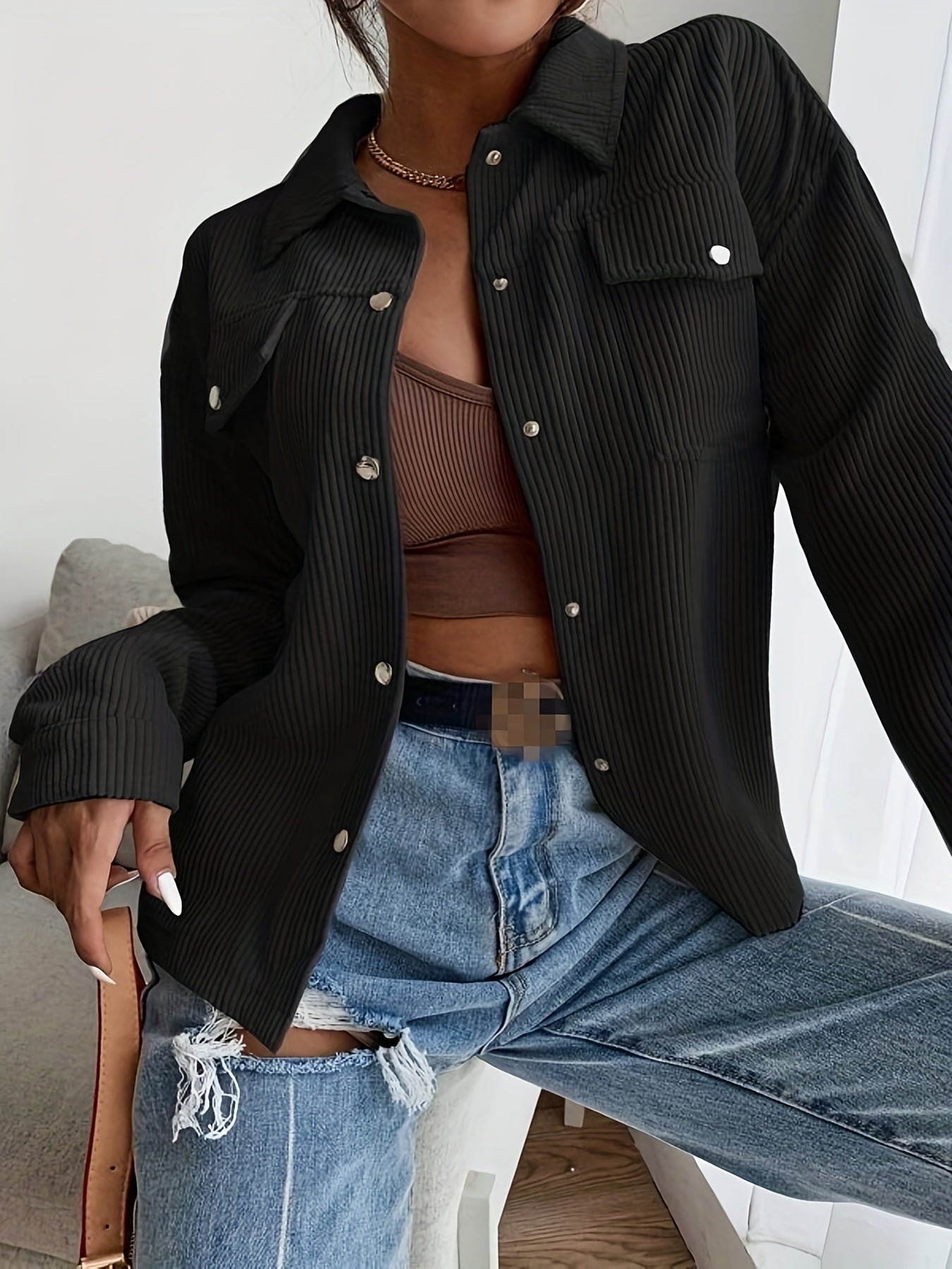 Corduroy Trucker Jacket Long Sleeve for Fall & Winter Women