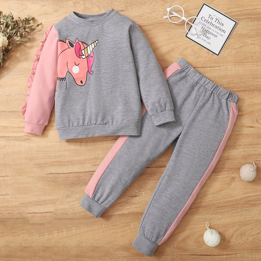 2pcs Girls Unicorn Print Patchwork Sweatshirt Pants Set