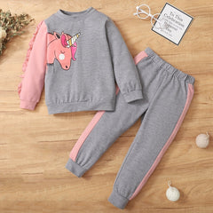 2pcs Girls Unicorn Print Patchwork Sweatshirt Pants Set