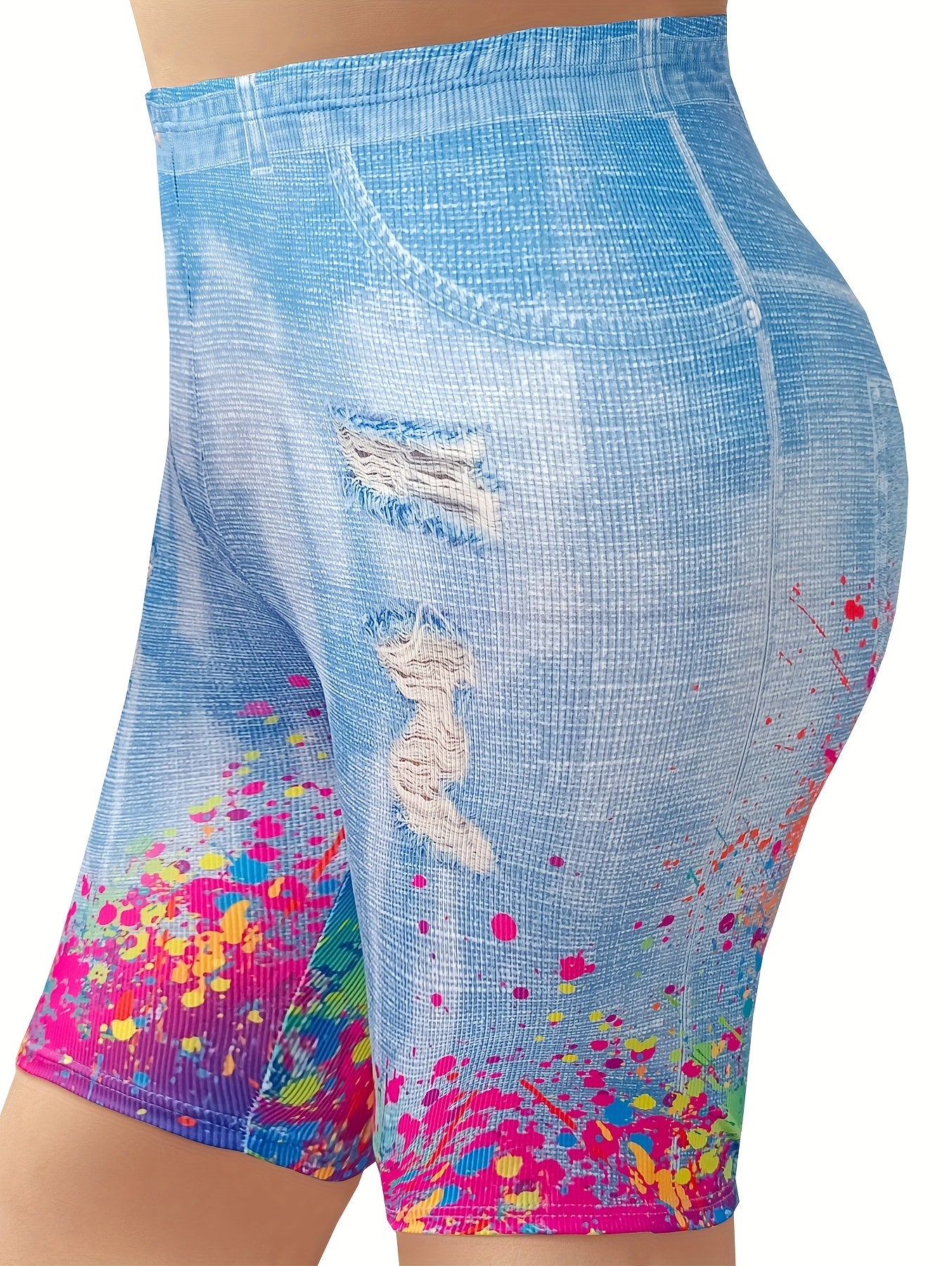 Denim & Splash Print High Rise Stretchy Skinny Shorts