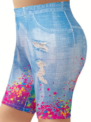 Denim & Splash Print High Rise Stretchy Skinny Shorts
