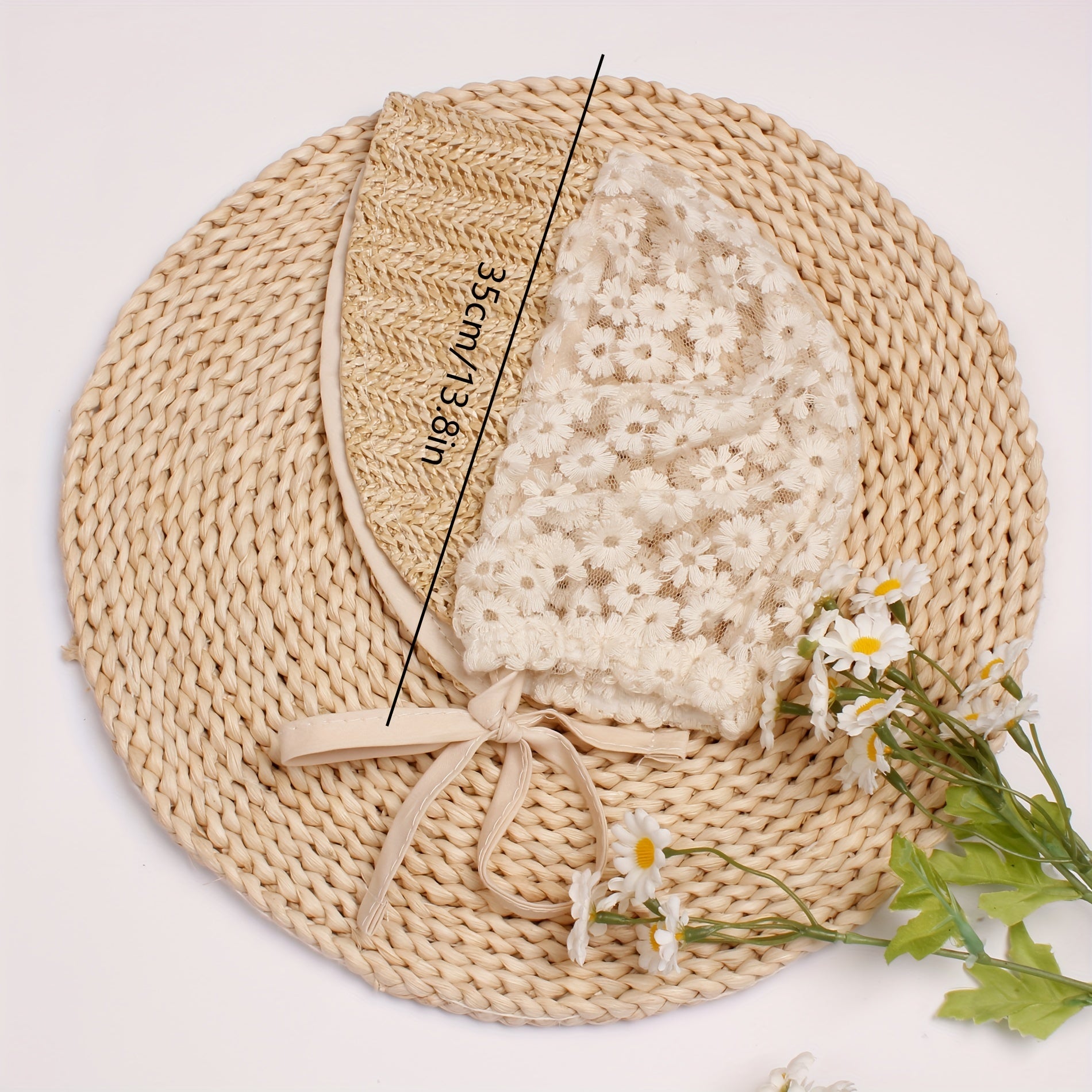 Beige Flower Lace Straw Palace Baby Hat Ribbon