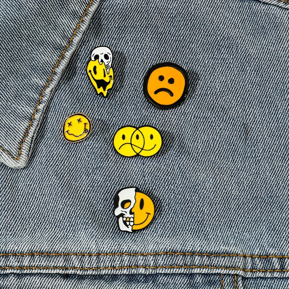 Boys Cartoon Skull Enamel Pin with Funny Smile and Angry Expression