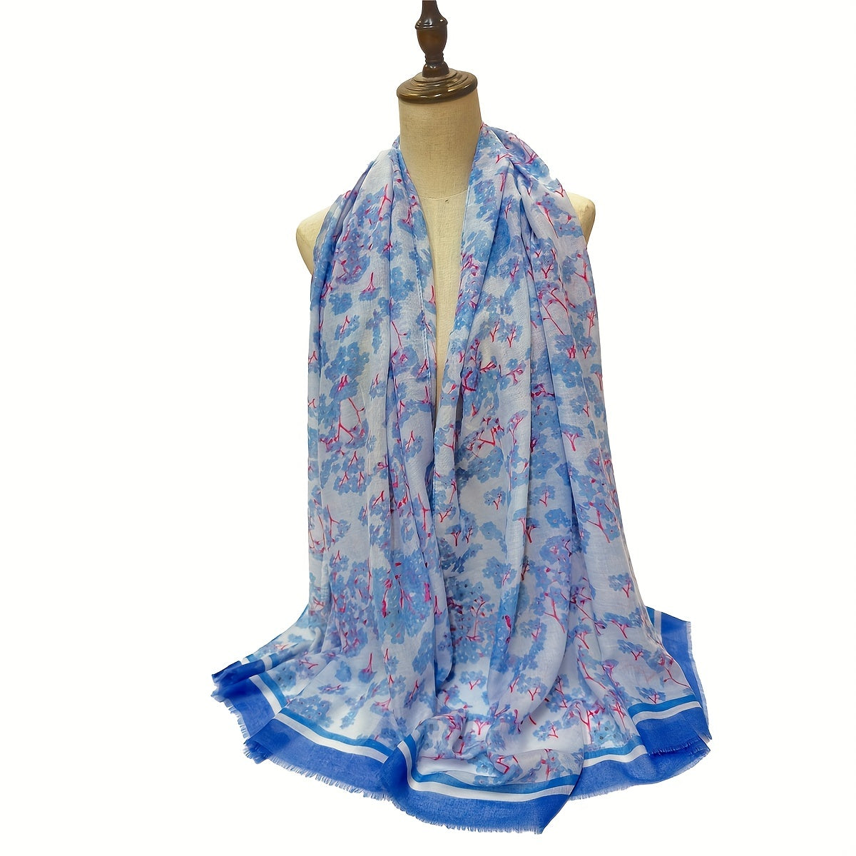 Boho Frayed Edge Floral Print Voile Scarf Large Shawl
