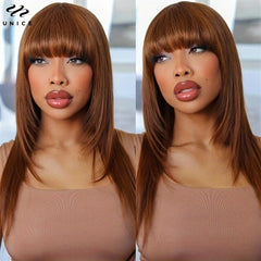 Brown Long Straight Hair Wig with Bangs Glueless Layer Cut Human Hair Wig