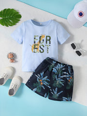 Boys Giraffe Graphic T-shirt & Tropical Leaves Shorts Set