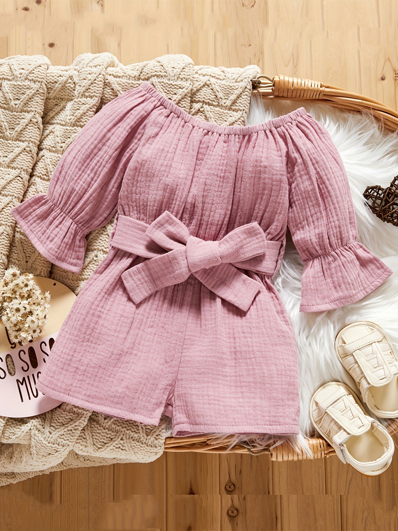 Baby Girls Off Shoulder Long Sleeve Romper With Pants