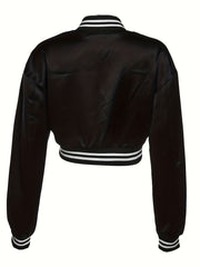 Embroidered Jacket Baseball Collar Crop Top