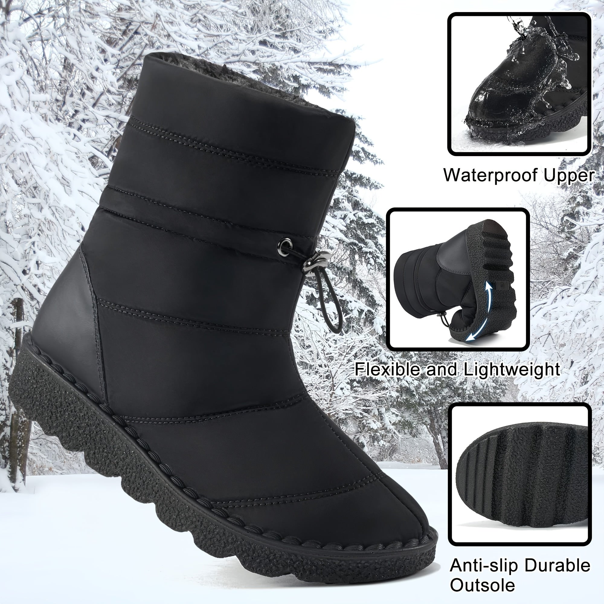 Faux Fur Lined Thermal Snow Boots Plush Furry Round Toe Flat Winter Shoes