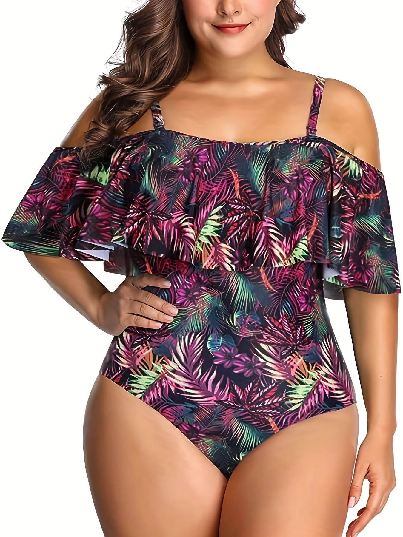 Tropical Print Cold Shoulder Ruffle Trim One Piece Bathing Suit