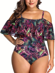 Tropical Print Cold Shoulder Ruffle Trim One Piece Bathing Suit