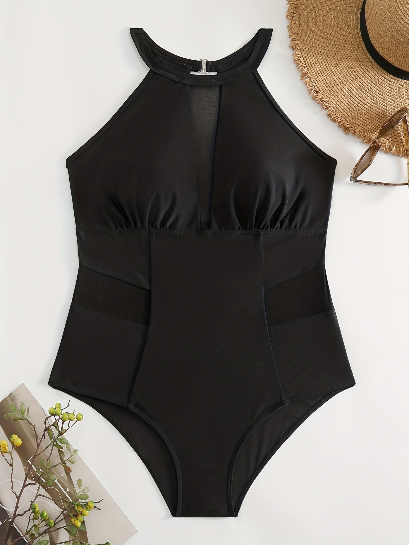 Contrast Mesh Halter Cut Out One Piece Swimsuit