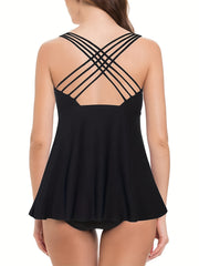Modest Tankini Set V Neck Crisscross Back Top & Panty Swimsuit
