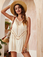 Colorblock Crochet Cover Up Shirt Hollow Out V Neck Casual Cover Dress