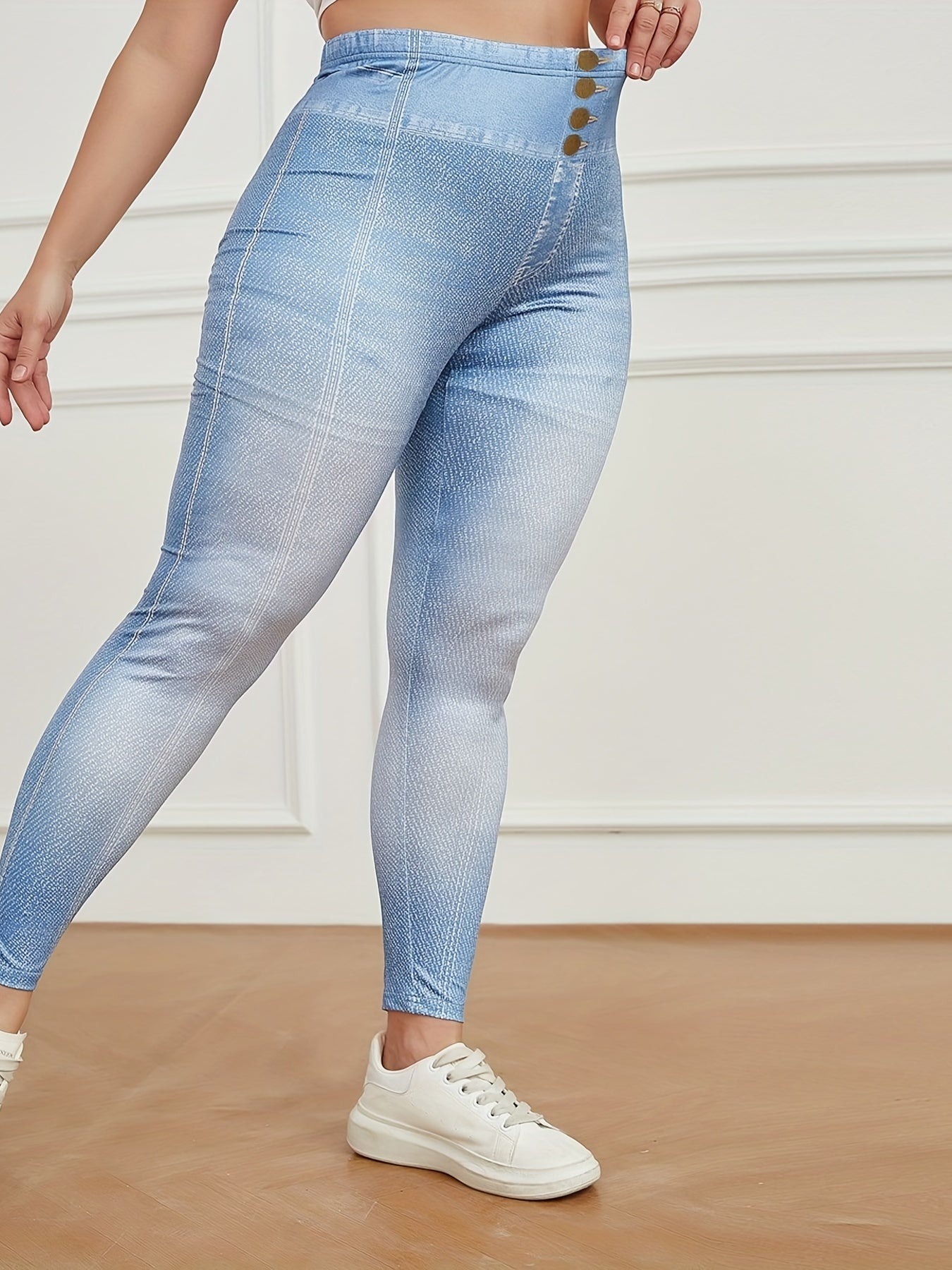 Floral Printed High Waist Leggings Faux Denim Yoga Pants