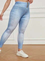 Floral Printed High Waist Leggings Faux Denim Yoga Pants
