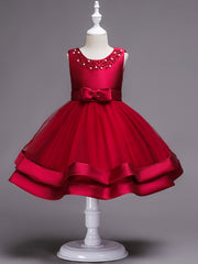 Girls Sleeveless Puffy Princess Dress Beaded Bow Tulle Tutu Dress