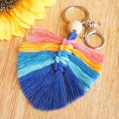 Hand Woven Keychain Wooden Bead Rainbow Tassel Pendant Holiday Gift