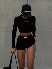 Letter Print Slim Fit Tops And Shorts Set Crew Neck Long Sleeves Tracksuit