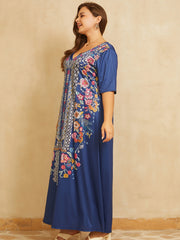 Boho Dress Women's Plus Border Floral Print V Neck Maxi Dress