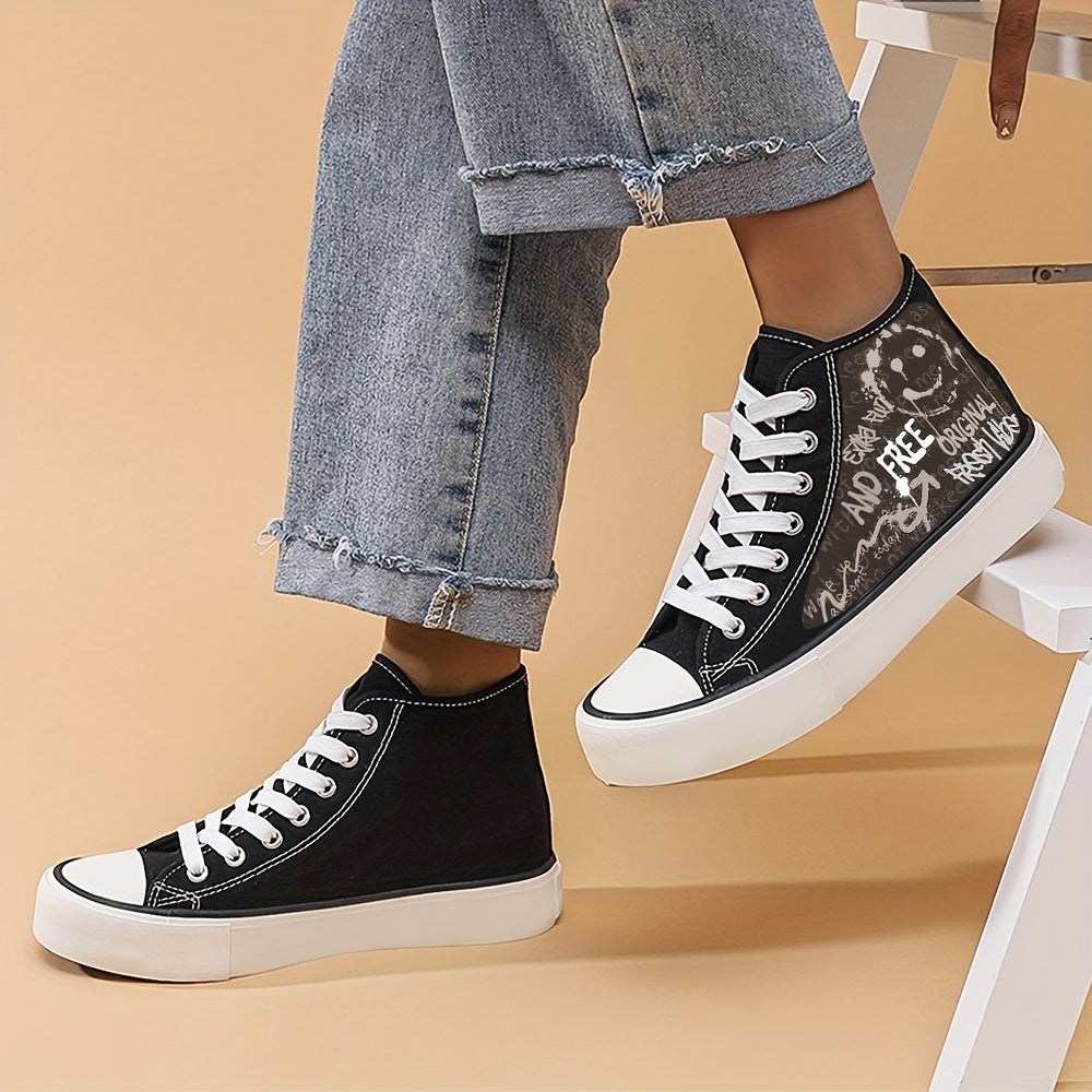 Smiling Face Print High Top Canvas Shoes Lightweight Lace Up Flatforms