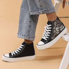 Smiling Face Print High Top Canvas Shoes Lightweight Lace Up Flatforms