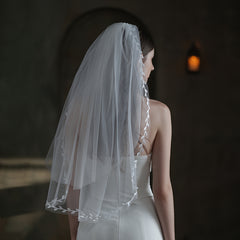 Double Layer Bridal Veil with Leaf Edge Wedding Tulle