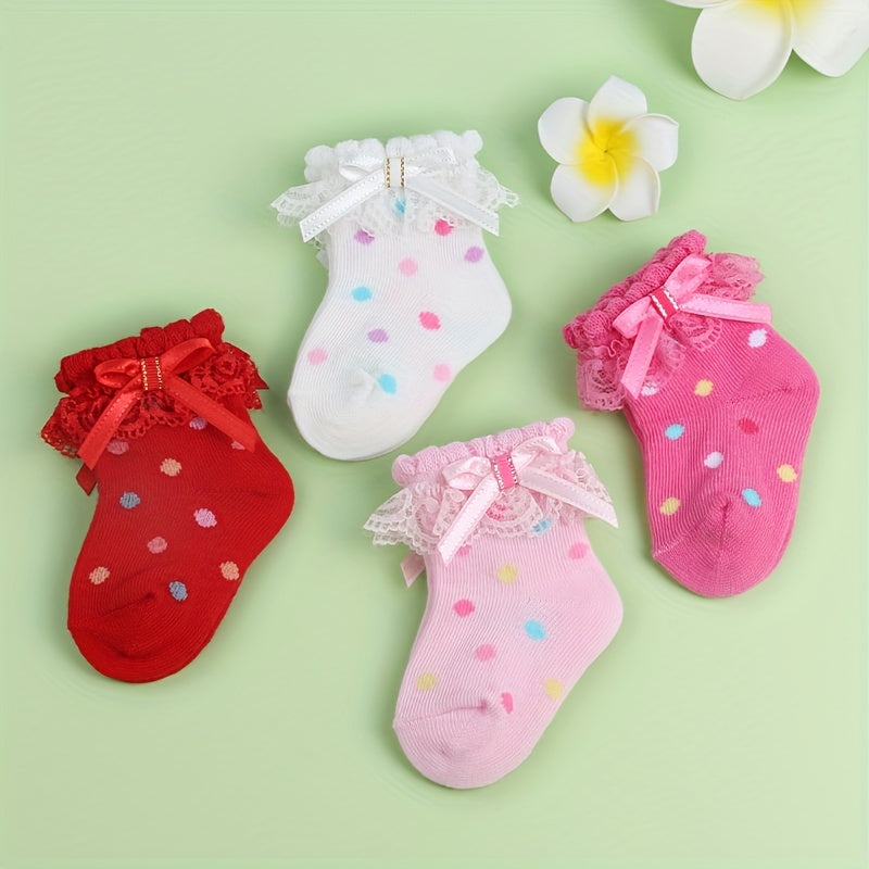 3 Pairs Baby Girls Lace Ruffled Socks Bowknot Decoration