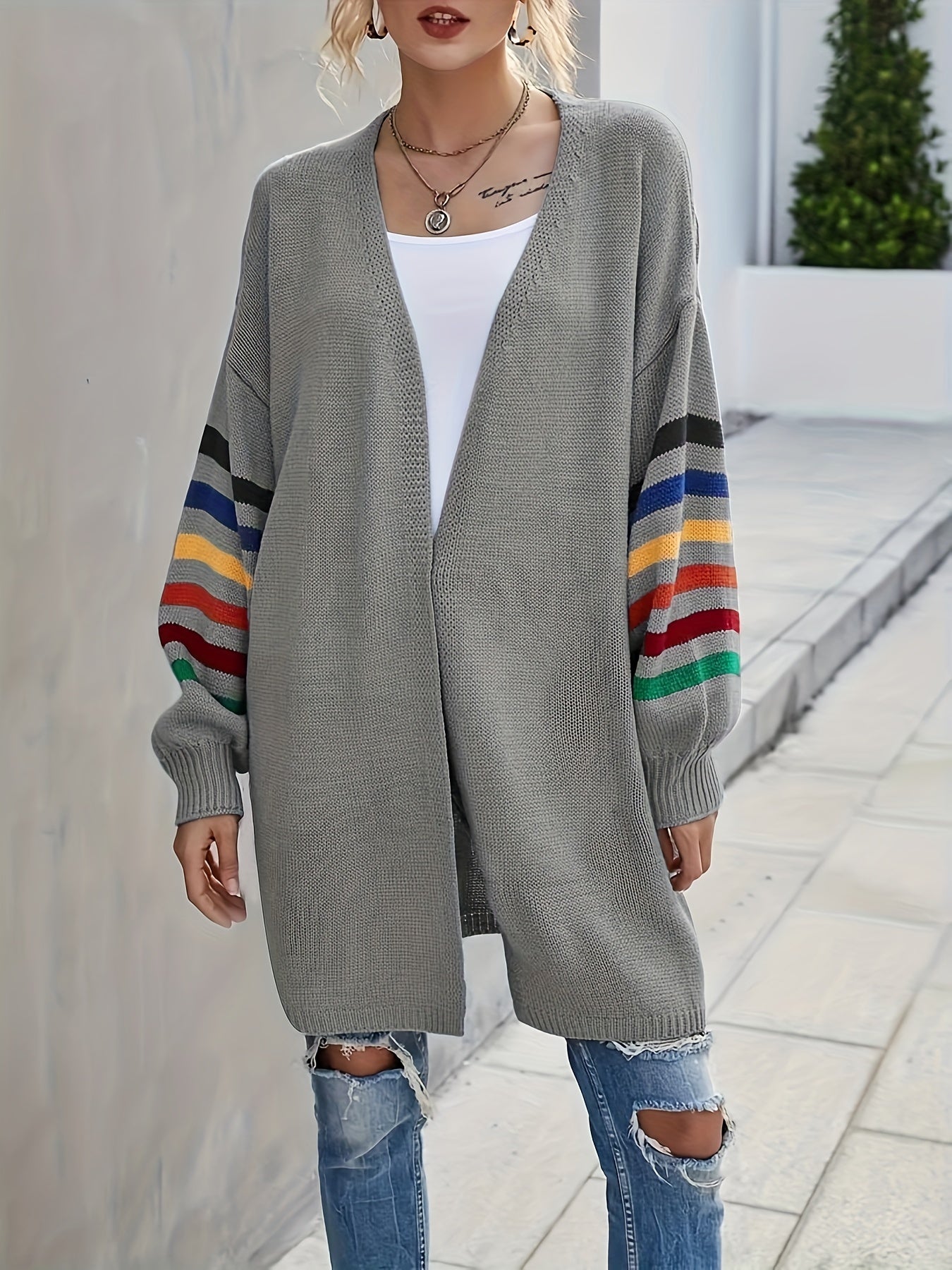 Casual Cardigan Women's Plus Stripe Print Drop