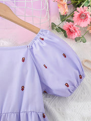 Girls' Puff Sleeve Casual Dress - Vacation Style