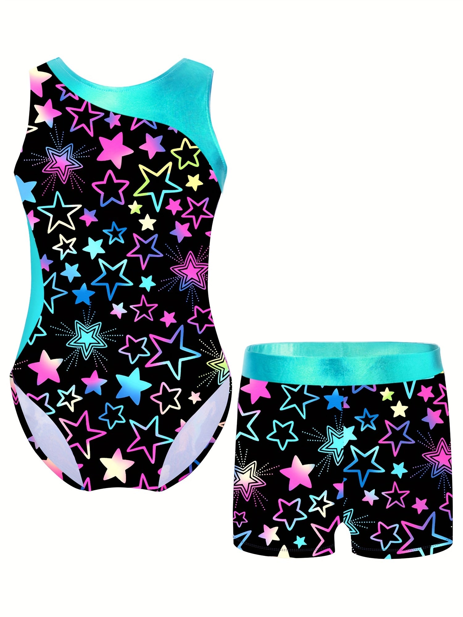 Girls 2pc Gymnastics Training Sets Sleeveless Athletic Jumpsuit & Shorts