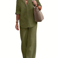Solid Long Sleeve Shirt Top & Elastic Pants Set