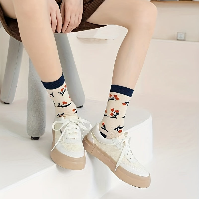3 Pairs Floral Print Socks Breathable Mid Tube Stockings