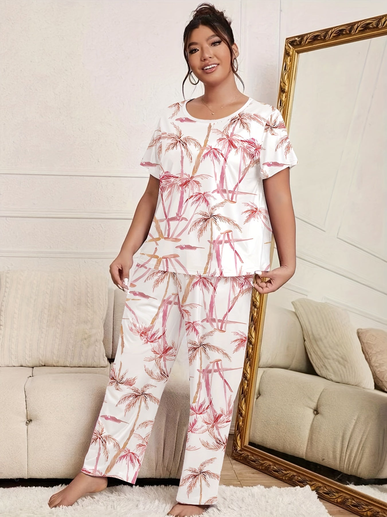 Boho Pajama Set Women's Plus Tropical Print Tee & Pants Lounge Set