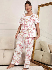 Boho Pajama Set Women's Plus Tropical Print Tee & Pants Lounge Set