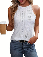Eyelet Solid Halter Top Sleeveless Summer Top